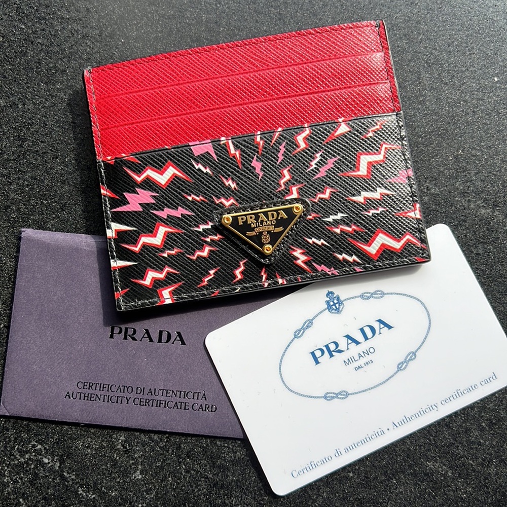 PRADA Red Thunder Saffiano Leather Card Case wallet BRAND NEW + 100% authentic